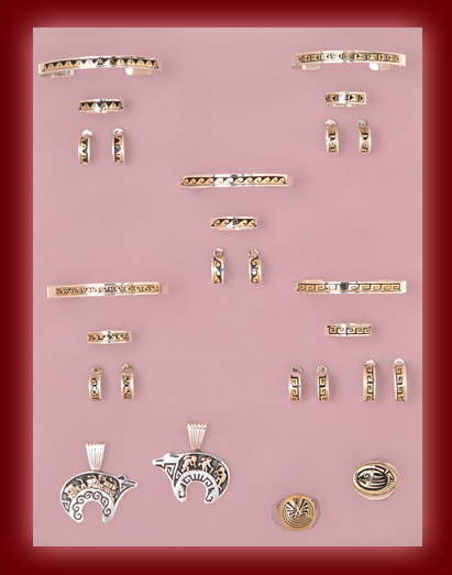 Modern Native American Gold designs in Pendants, rings, earrings, and bracelets.