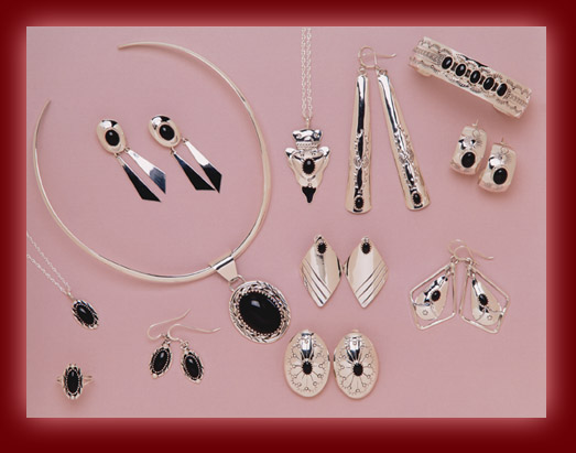 Sterling silver settings of Black Onyx are created into beautiful pendants, earrings bracelets, and rings.