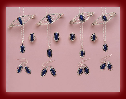 The beautiful blue azure stone of Lapis Lazuli is used to decorate the silver settings of pendants, necklaces, earrings, rings, bracelets, bolas, belt buckles, and watch bands.