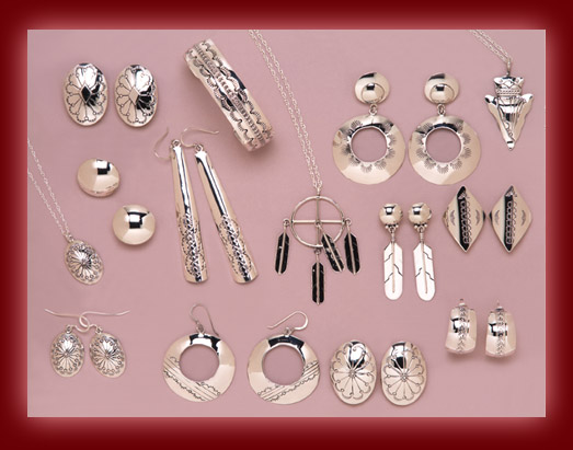 Sterling Silver is fashioned into Navajo pendants, necklaces, earrings, rings, bolas, bracelets, and watch tips.