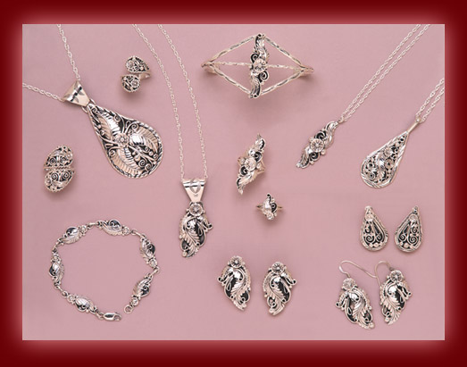 Sterling Silver is fashioned into Navajo pendants, necklaces, earrings, rings, bolas, bracelets, and watch tips.
