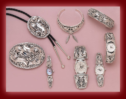 Sterling Silver is fashioned into Navajo pendants, necklaces, earrings, rings, bolas, bracelets, and watch tips.