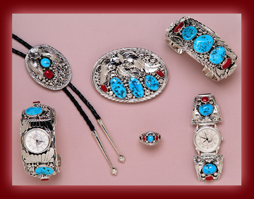 Turquoise and Red Coral gemstones mounted on silver pendants, earrings, necklaces, bolas, bracelets, and watch tips.