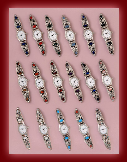 Navajo Indian designed watches and bands for women and men with gemstones of Lapis, Opal, tiger eye, Black Onyx, and amber.