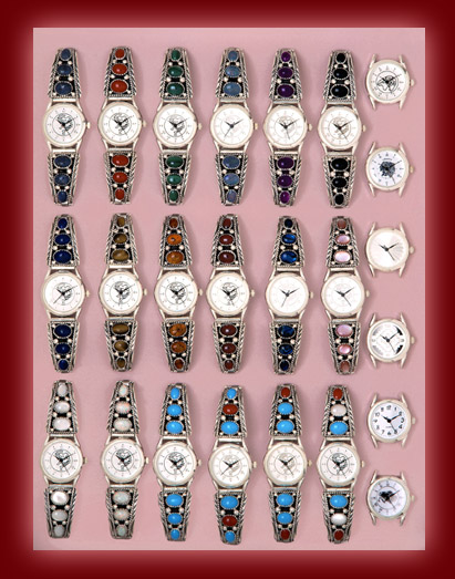 Navajo Indian designed watches and bands for women and men with gemstones of turquoise,red Coral, Mother of Pearl,and Paua Shell.